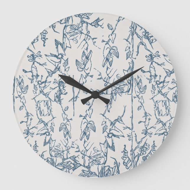Grande Horloge Ronde Vintage Blue Floral Sketch Pattern Wall Clock (Recto)