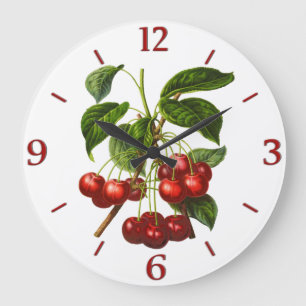 Grande Horloge Ronde Vintage Botanique Cerises rouges Imprimer