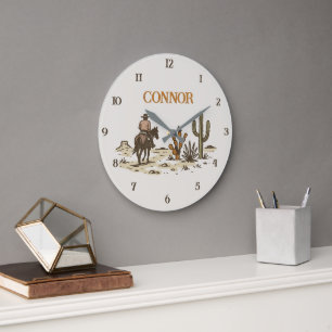 Grande Horloge Ronde Vintage Brown Beige Western Cowboy