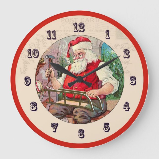 Grande Horloge Ronde Vintage Christmas Clock - Santa building a sled (Recto)