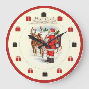 Grande Horloge Ronde Vintage Christmas Clock - Santa Feeding Reindeer