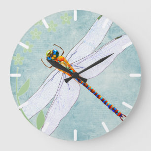 Grande Horloge Ronde Vintage Dragonfly on Faded Floral