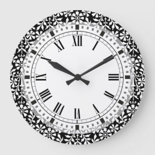 Grande Horloge Ronde Vintage floral noir et blanc