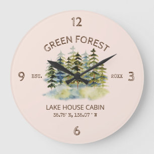Grande Horloge Ronde Vintage Foggy Green Forest Cabine Lodge