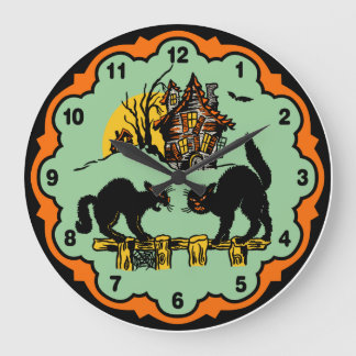 Grande Horloge Ronde Vintage Halloween Black Cats And Haunted House