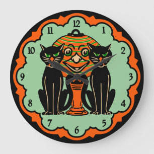 Grande Horloge Ronde Vintage Halloween Cats Clock