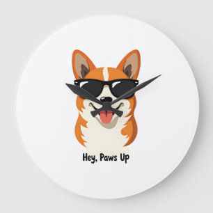 Grande Horloge Ronde Vintage Hey, Paws Up Corgi avec Lunettes de Soleil