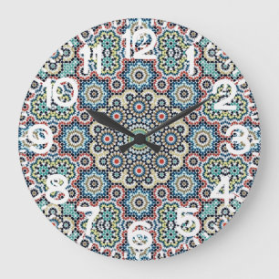 Grande Horloge Ronde Vintage Marocain Géométrique Floral Bleu & Sarcell