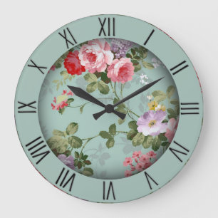 Grande Horloge Ronde Vintage Mint Green Floral Design Numéros romains