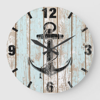Grande Horloge Ronde Vintage Nautical Anchor Stripes Wood