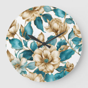 Grande Horloge Ronde Vintage or blanc Turquoise motif floral