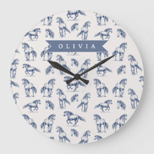 Grande Horloge Ronde Vintage Personnalisé Cheval Bleu Classique Campagn