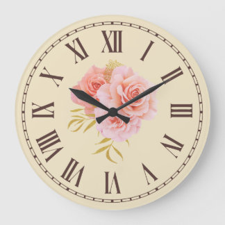 Grande Horloge Ronde Vintage Pink Rose Blossom Golden Twig Floral 