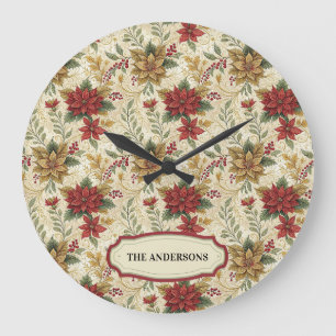 Grande Horloge Ronde Vintage rouge et or Poinsettia Floral Nom de la Cu