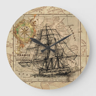 Grande Horloge Ronde Vintage Sailing Ship and Old European Map