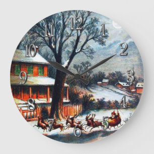 Grande Horloge Ronde Vintage Santa and Reindeers