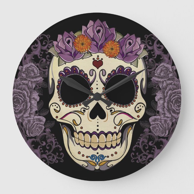 Grande Horloge Ronde Vintage Skull and Roses Wall Clock (Recto)