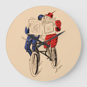 Grande Horloge Ronde Vintage Tandem Bicycle Couple Reading Kissing
