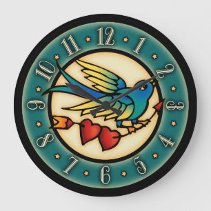 Grande Horloge Ronde Vintage Tattoo Bird And Hearts