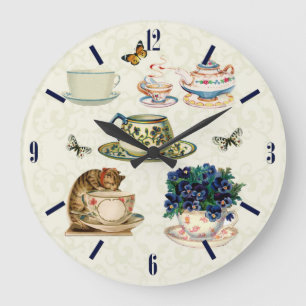 Grande Horloge Ronde Vintage Tea cups & tea pot Butterflies Wall Clock