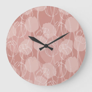 Grande Horloge Ronde Vintage Tulipes blanches Arrière - plan rose
