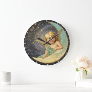 Grande Horloge Ronde Vintage Victorien Angel Collage Galaxy Blue+Gold