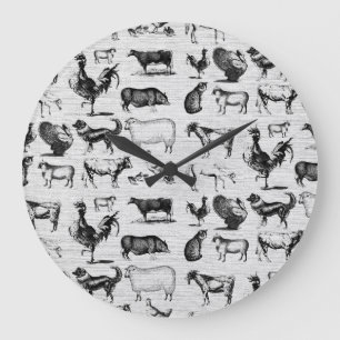 Grande Horloge Ronde Vintages animaux de ferme Collage rustique