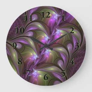 Grande Horloge Ronde Violet Abstrait violet violet kaki fractal