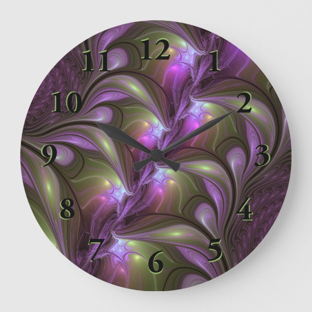 Grande Horloge Ronde Violet Abstrait violet violet kaki fractal (Recto)