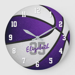 Grande Horloge Ronde violet blanc filles garçons basketball personnalis