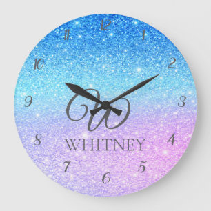 Grande Horloge Ronde Violet chic ombré bleu pailleté moderne