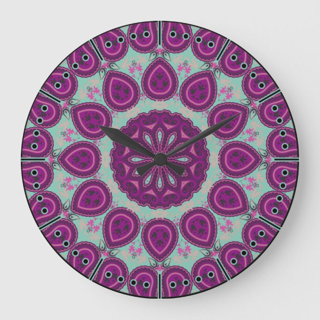 Grande Horloge Ronde Violet et Sage Pretty Paisley Boho Style (Recto)