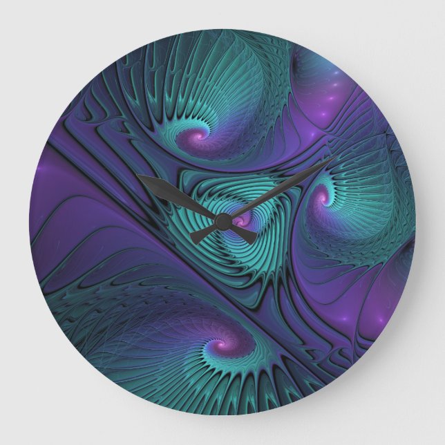 Grande Horloge Ronde Violet Rencontre Turquoise Moderne Art Fractal Abs (Recto)