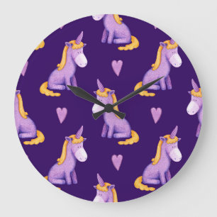 Grande Horloge Ronde Violet Unicorns Hearts Aquarelle Motif.