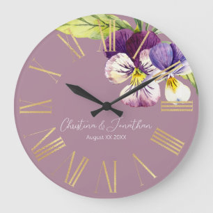 Grande Horloge Ronde Violettes aquarelles romantiques sur fond violet