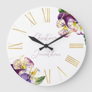 Grande Horloge Ronde Violettes d'aquarelle romantique