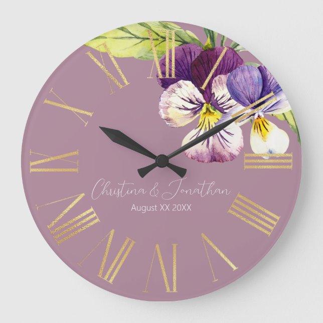 Grande Horloge Ronde Violettes d'aquarelle romantique sur violet (Recto)