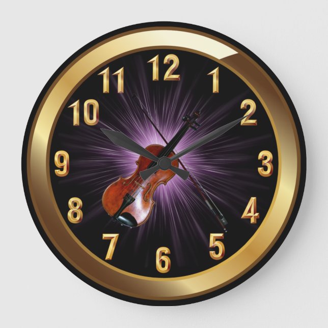Grande Horloge Ronde Violon~Noir classique Gold & Purple Glow Arrière - (Recto)
