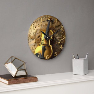 Grande Horloge Ronde Violon Or vintage Sur Cordes Musicales D'Or,