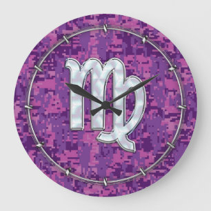 Grande Horloge Ronde Virgo Zodiac Sign on Pink Digital Camouglage
