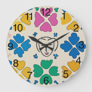 Grande Horloge Ronde Visage Abstrait et fleurs