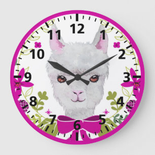 Grande Horloge Ronde Visage de lama blanc adorable Fuchsia rose vert