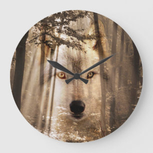 Grande Horloge Ronde Visage de loup dans les bois