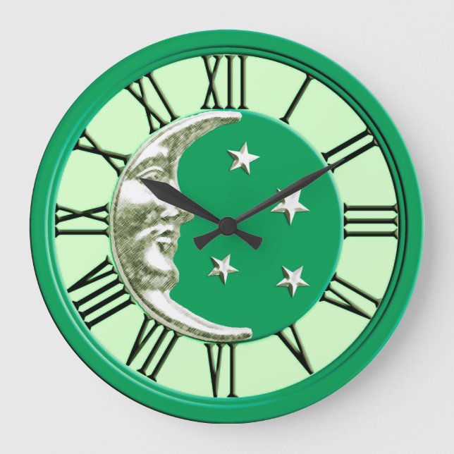 Grande Horloge Ronde Visage de lune Art déco - Jade Green et Silver (Recto)