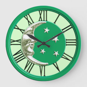 Grande Horloge Ronde Visage de lune d'art déco - vert et argent de jad