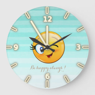 Grande Horloge Ronde Visage d'emoji clin d'œil adorable - Soyez heureux