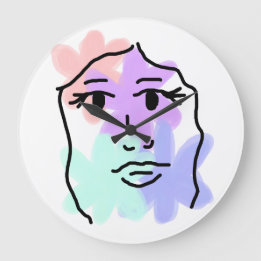 Grande Horloge Ronde Visage et fleurs abstrait (couleurs pâles)