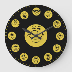 Grande Horloge Ronde Visages et expressions amusants en émoticônes doré
