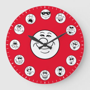 Grande Horloge Ronde Visages et expressions drôles en émoticônes blancs
