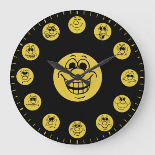 Grande Horloge Ronde Visages et expressions drôles en émoticônes dorées